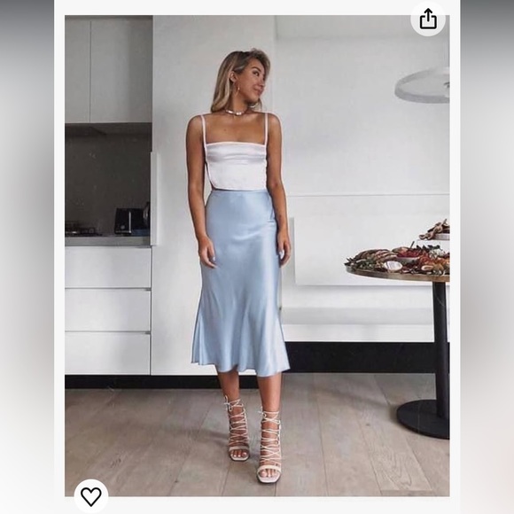 NWT JUPE NYC Pastel Baby Light Blue Satin Silk Midi Modest Slip Cute Skirt Sz L - Picture 2 of 13